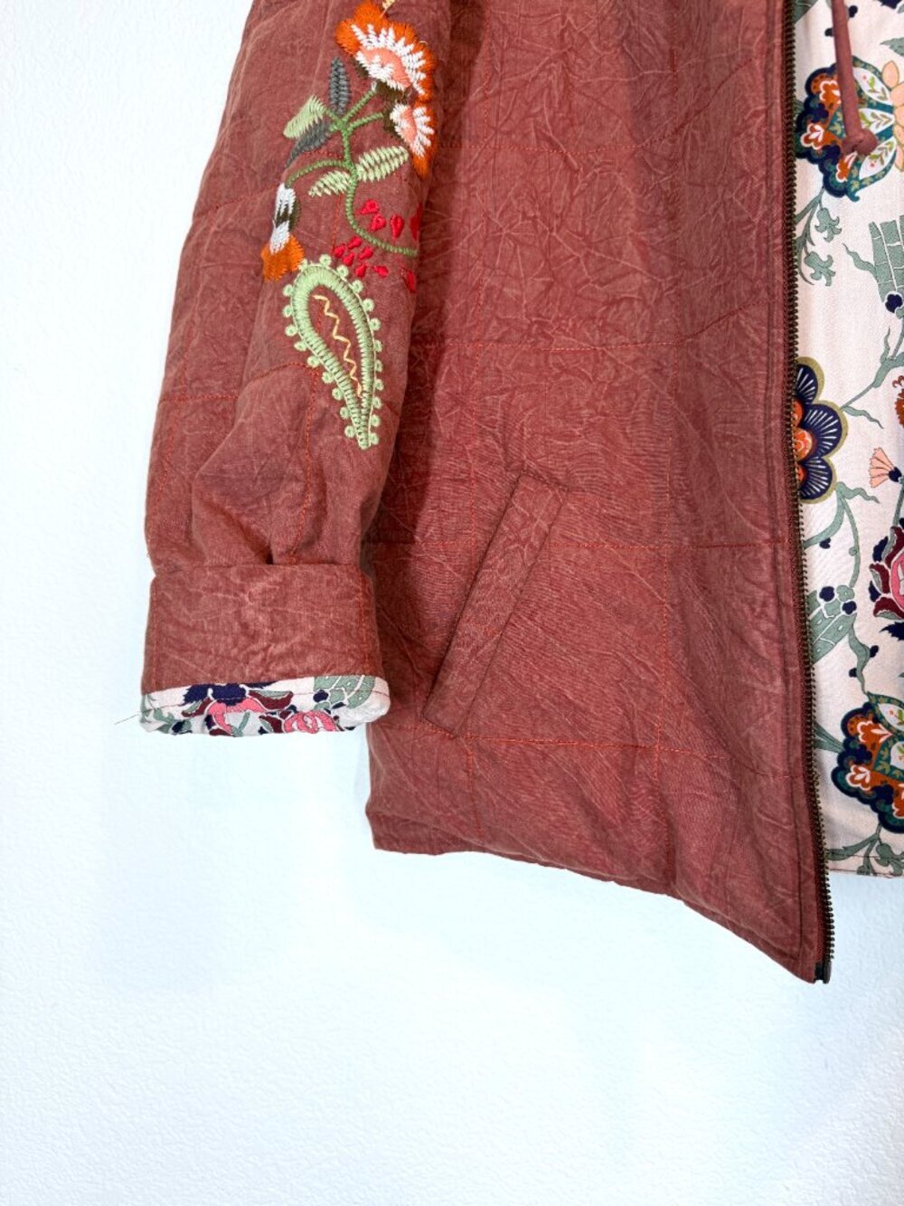Boho Quilted Embroidered Floral Hoodie Jacket Coat Rust Indie Hippie Large - Picture 6 of 12